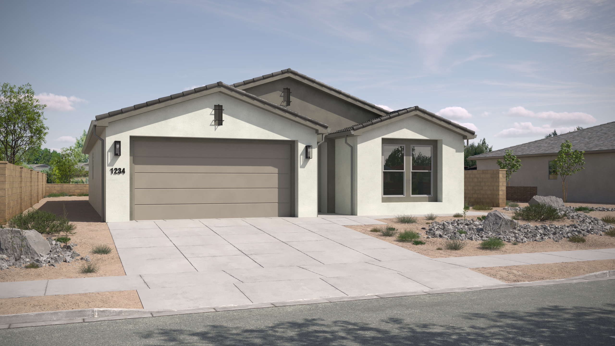 Front exterior of a single-story Basin home at Solis in Washington, Utah, featuring modern stucco finishes, a two-car garage, and desert landscaping.