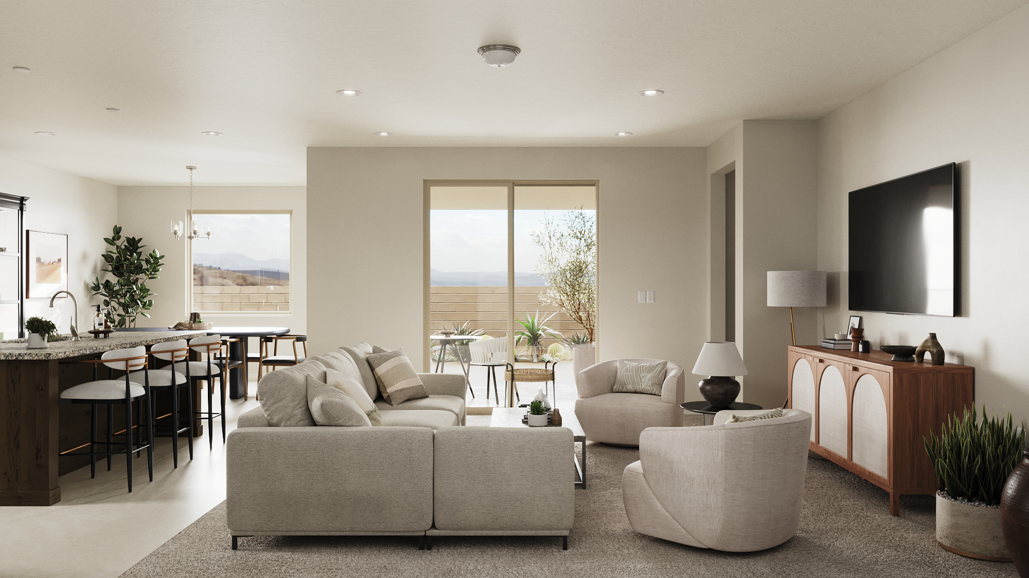 Virtually staged great room in the Basin floor plan at Solis, featuring an open-concept living area, neutral furnishings, and sliding glass patio doors.