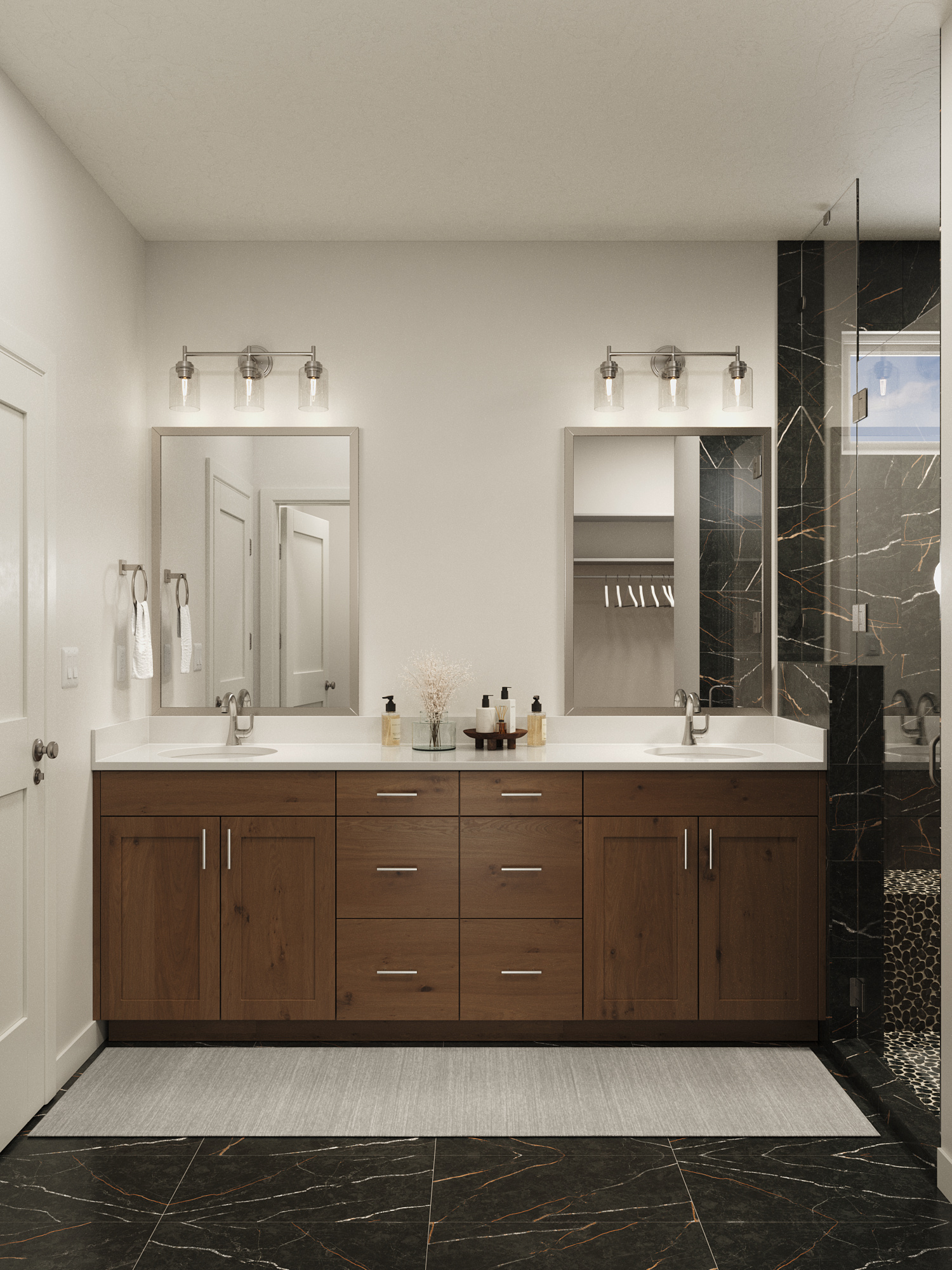 Virtually staged primary bathroom featuring a double-sink wood vanity, modern lighting, and a black marble-look walk-in shower.