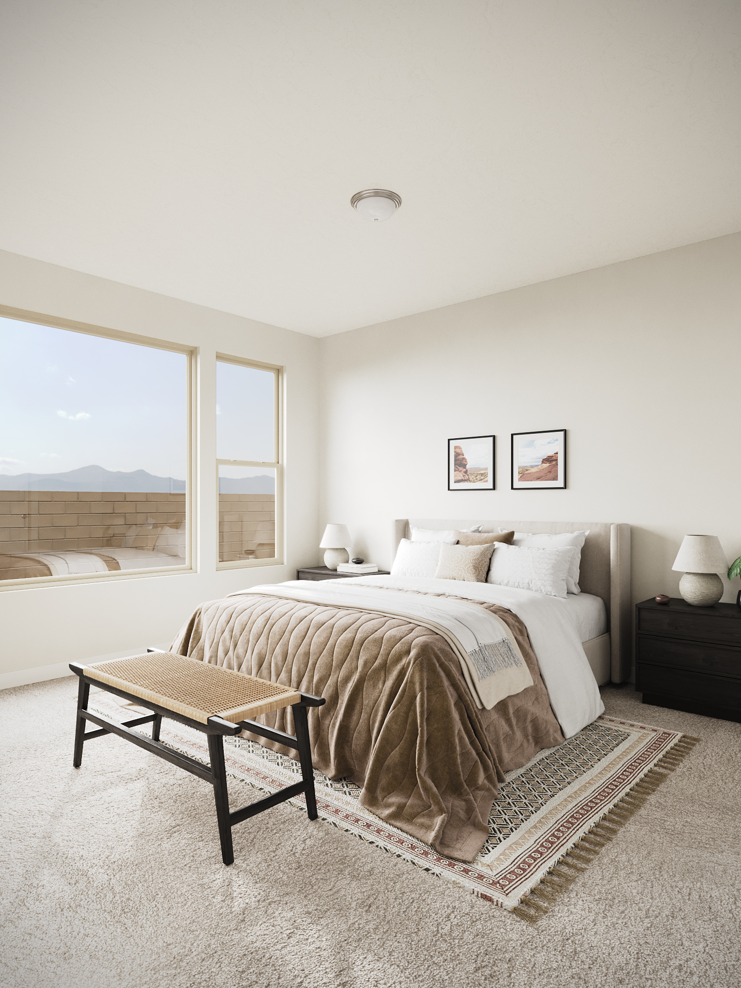 Virtually staged primary bedroom featuring neutral bedding, modern furnishings, soft carpeting, and large windows in a Cole West home.